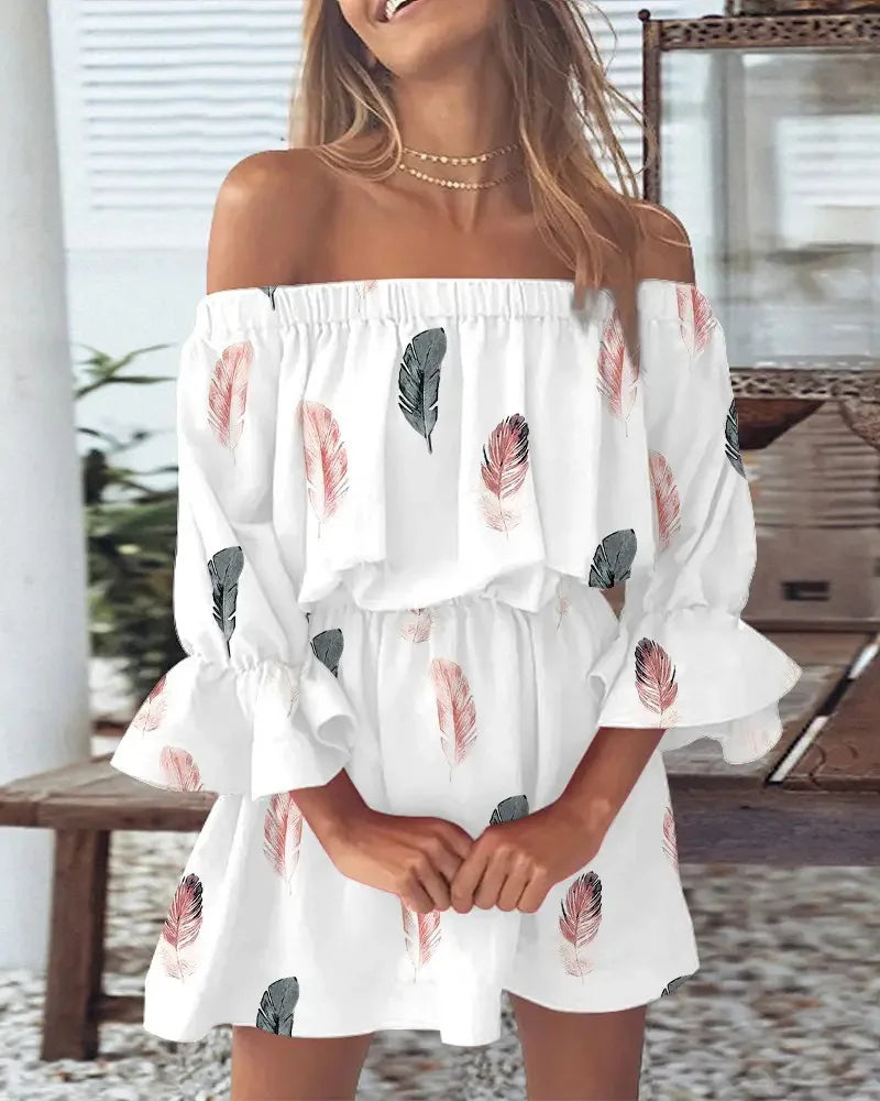 Sexy Slash Neck Long Flare Sleeve Floral Print Mini Dress Summer Women Boho Party Vestidos NMD-6650