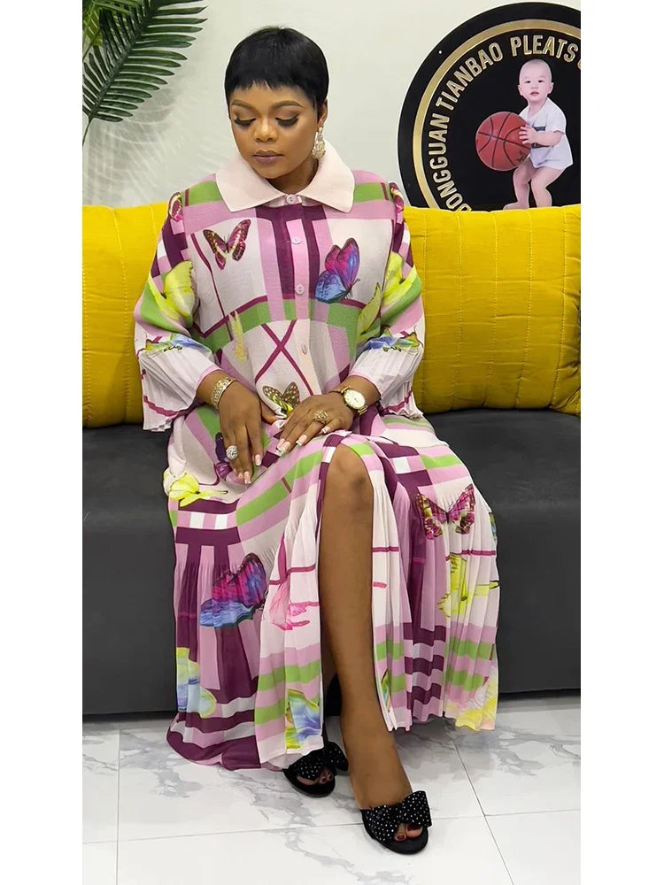 ANLAN Miyake Pleated Dress Women's Fashion Printed Lapel Single-breasted Elegant Cardigan Dresses 2025 Spring New Style 9AN0518