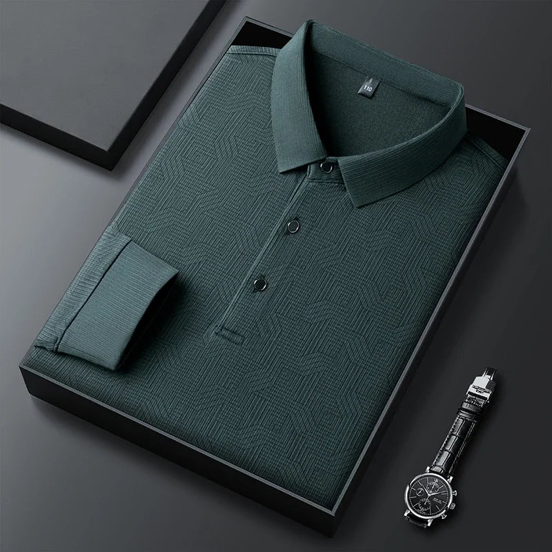 New Men's Business Casual Long Sleeved Shirt with Badge Solid Color Polo Shirt Fashionable Breathable Comfortable Versatile Top