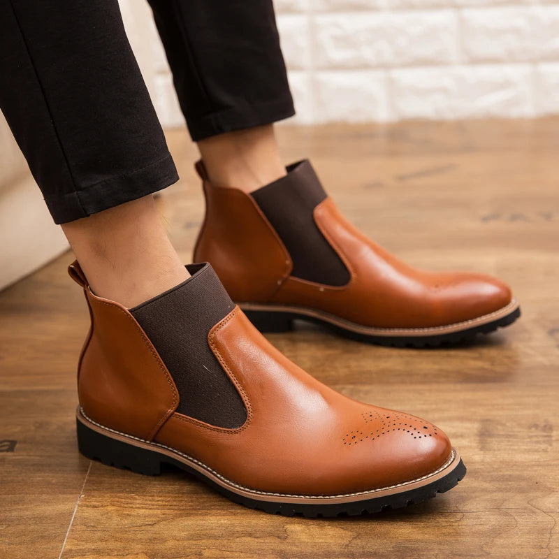 Men's Chelsea Boots Anti Slip Waterproof Ankle Spring and Autumn Brocue Fashion Microfiber Leather Shoes Large 46 Zapatos Hombre