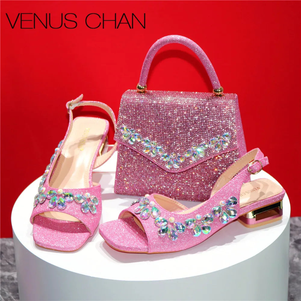 New INS High-Heeled Fish Beaked Toe Cap Wedding Shoes Colorful Full Diamond Design Shoe and Bag Set for Nigeria Party