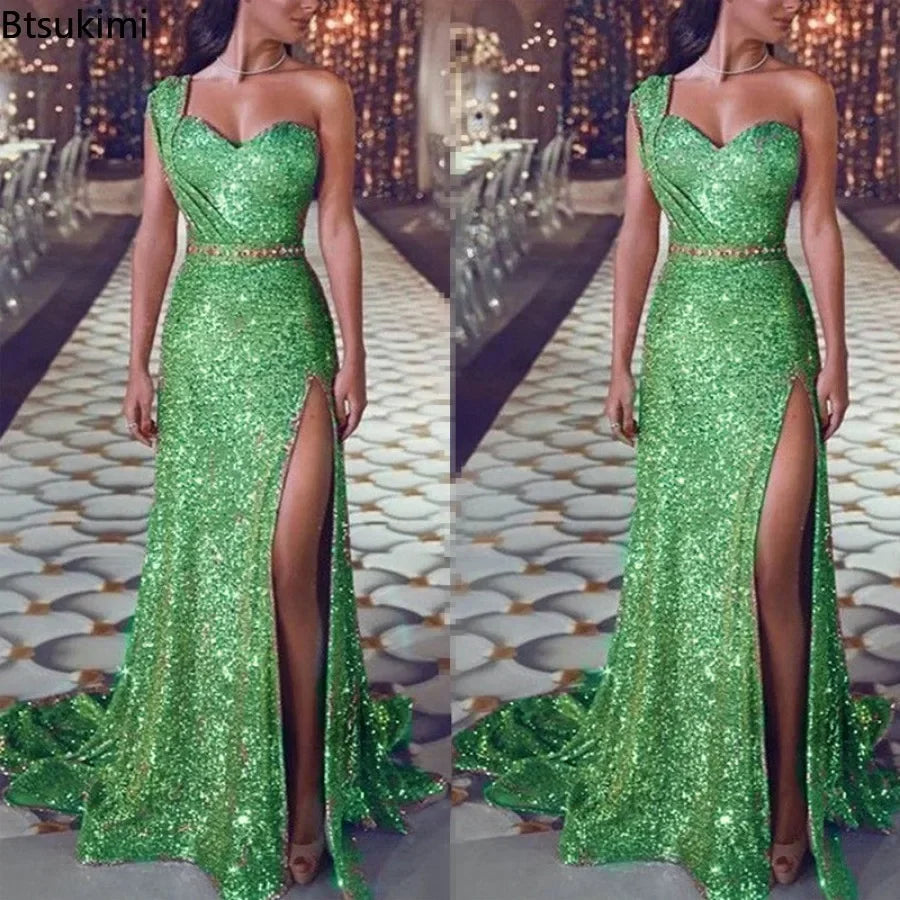 2025 Women's Wedding Party Dress Evening Elegant Sexy Deep V Neck One Shoulder Sleeveless Sequined Long Maxi Dresses For Women