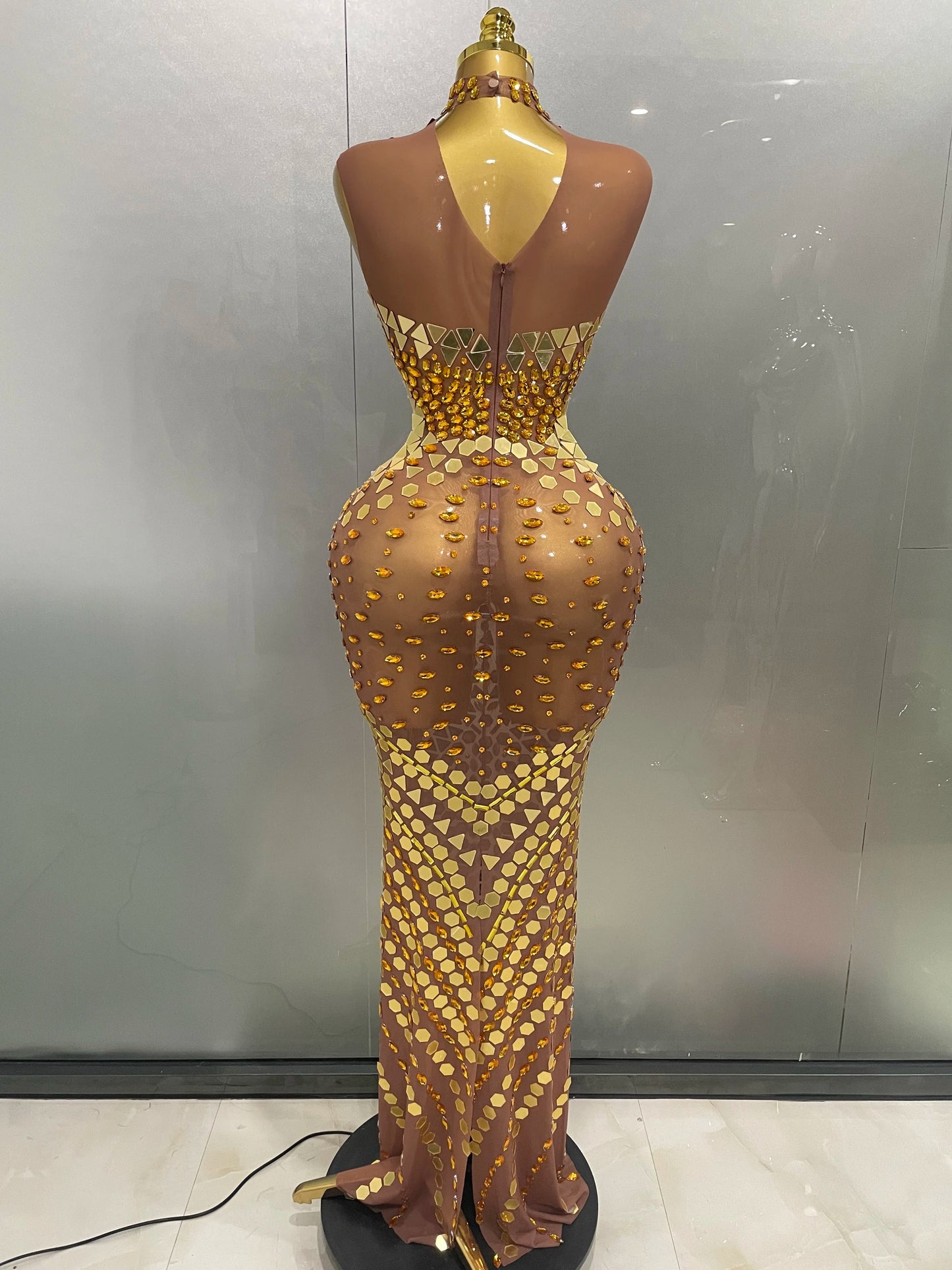 Luxury Shiny Mirror Rhinestones Hollowed-out Long Dress 2025Women Celebrity Evening Party Catwalk Prom Stage Photo Shoot Dresses