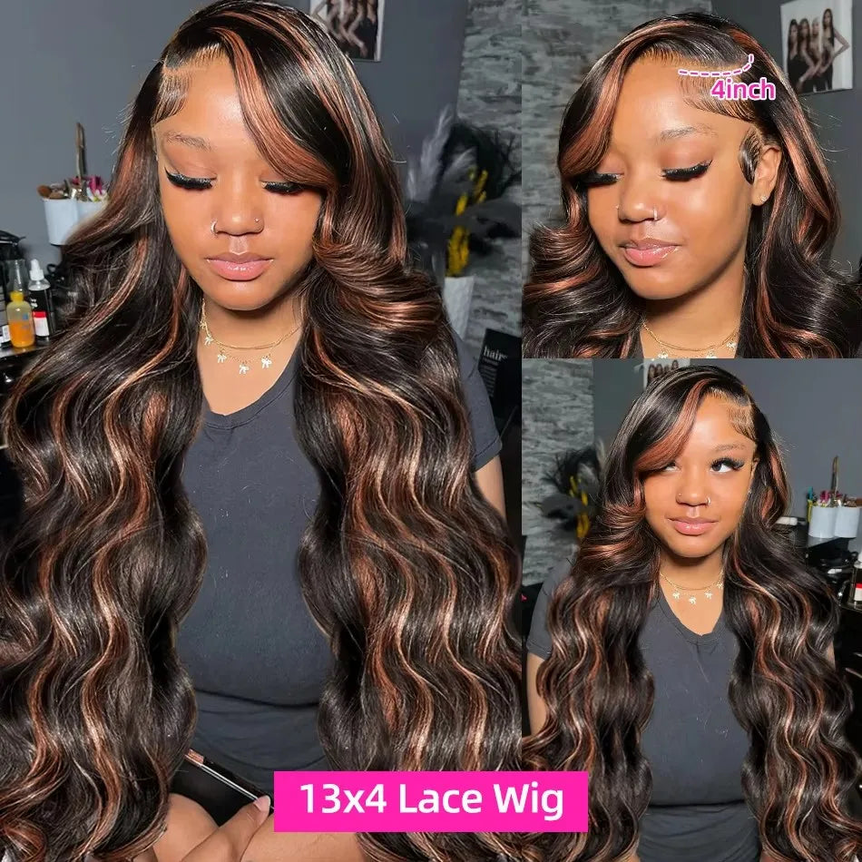 Mossily 250 Density 30 Inch Body Wave Highlight Wig Human Hair 1B/30 Black Brown Highlight 13x6 HD Lace Frontal Wig Human Hair