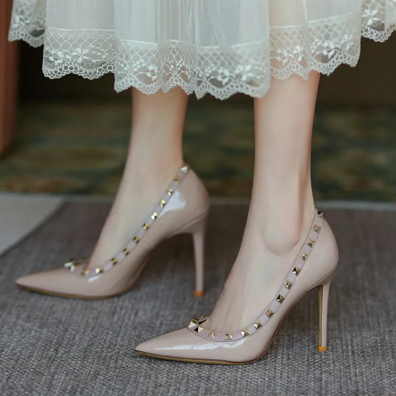 2025 New Luxury Brand High Heels Women's Shoes Metal Rivet Pointed Black Pumps Fashion Sexy Genuine Leather Women's Single Shoes