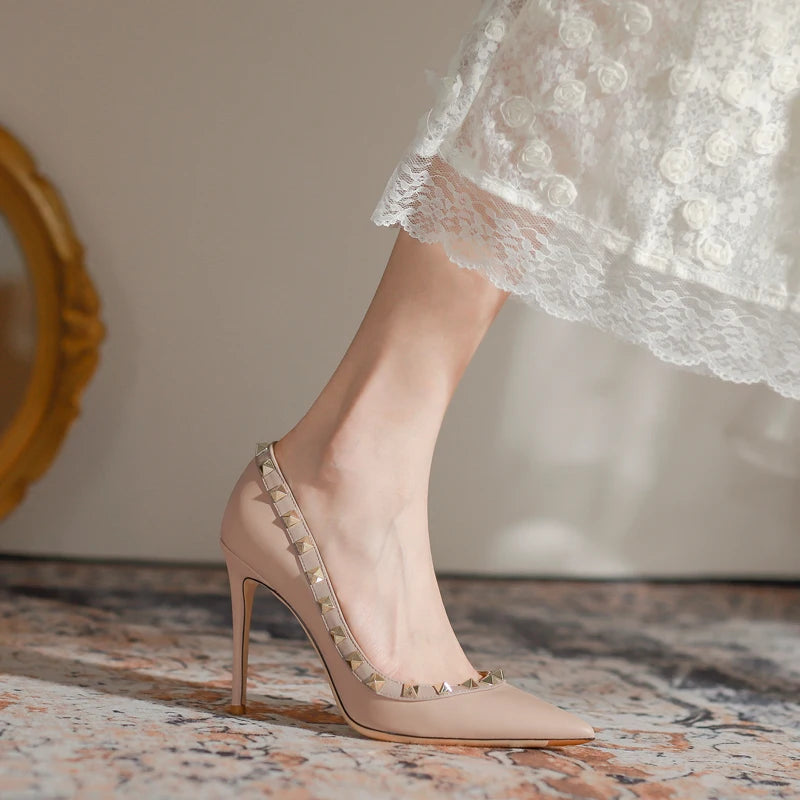 2025 New Luxury Brand High Heels Women's Shoes Metal Rivet Pointed Black Pumps Fashion Sexy Genuine Leather Women's Single Shoes