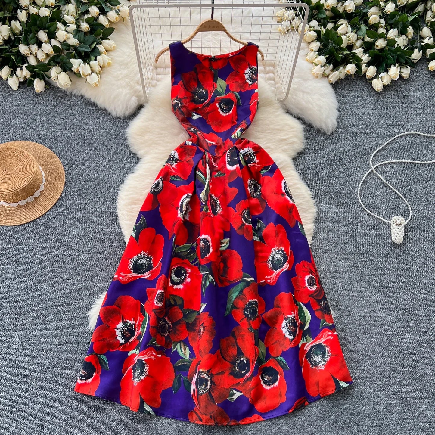French Fashion Print O-neck Pleated Sleeveless A-line Ball Gown Dress Women Summer Vintage Elegant Puff Graduation Party Dresses