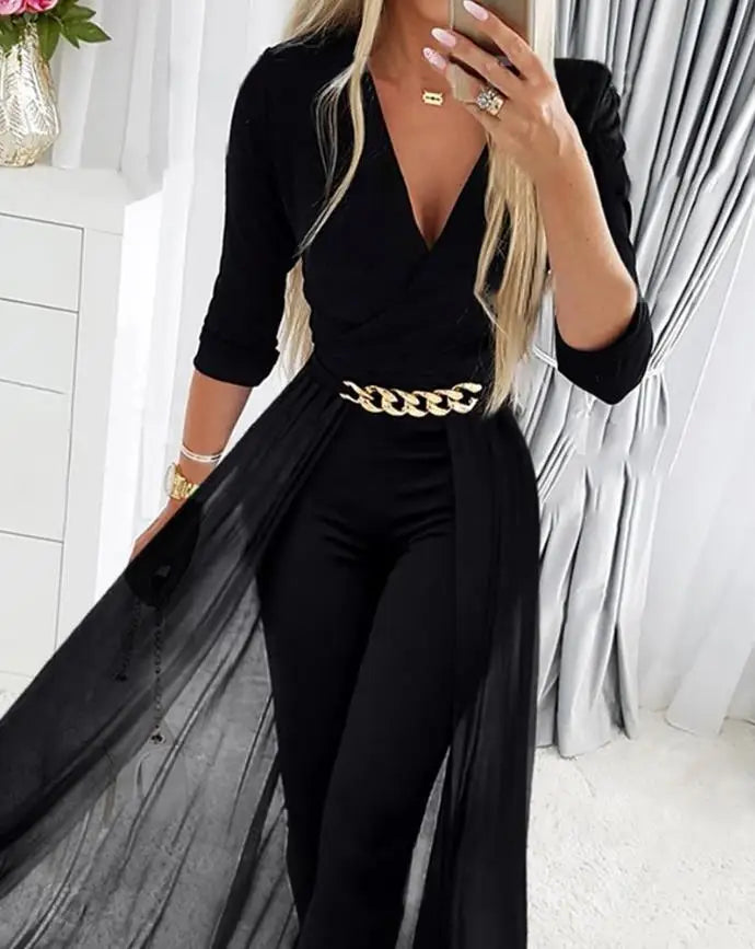 Fall Outfits Women Chain Decor Sheer Mesh Overlay Long Sleeve Tight Fitting Jumpsuit Fashion and Elegant Commuting Combinations