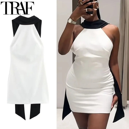 TRAF Women's Dress 2025 Halter White Mini Dress Off Shoulder Elegant Party Dresses Woman Summer Backless Short Dresses 088