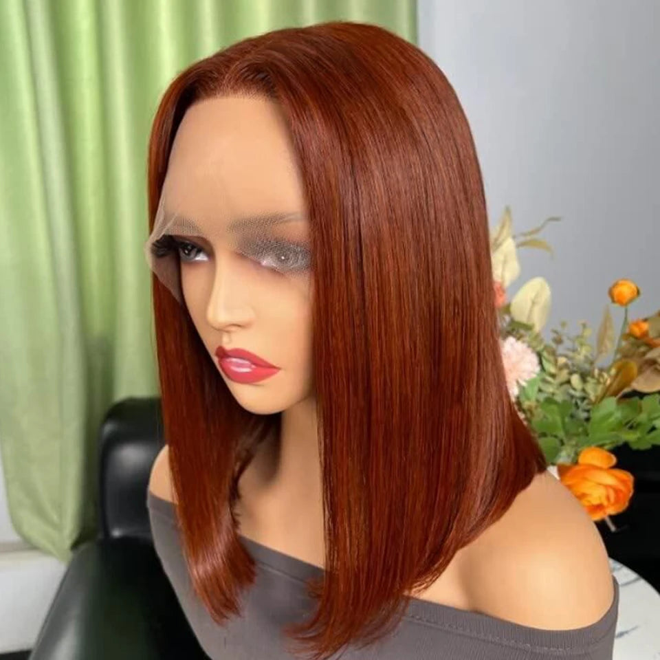 Short Brown Color Bob Wig Peruvian Straight Lace Front Human Hair Wigs For Women Reddish Brown #33 Lace Part Wig With Baby Hair