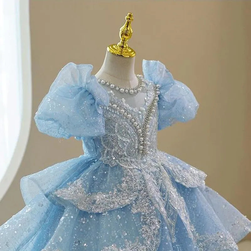 Baby Girl Princess Dress Sequin Party Dresses For Children Puff Sleeves Clothing Classy Flower Girls Costume For Wedding