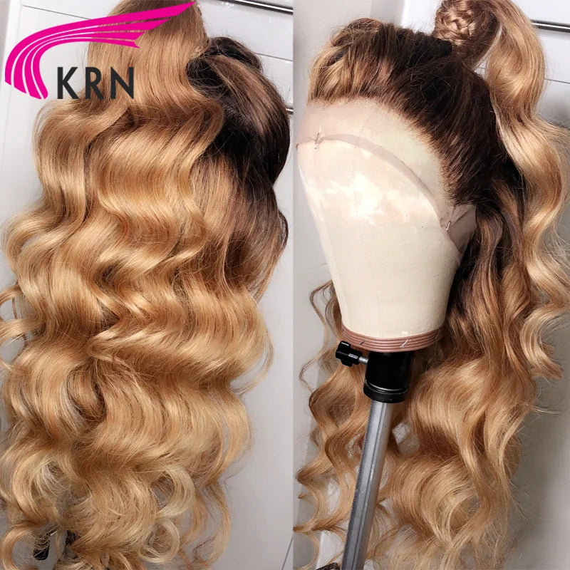 Body Wave 4/27 Colored 13x4 Lace Frontal Wigs with Baby Hair Human Hair Ombre Honey Color 4x4 Closure Wig Brazilian Hair Wigs