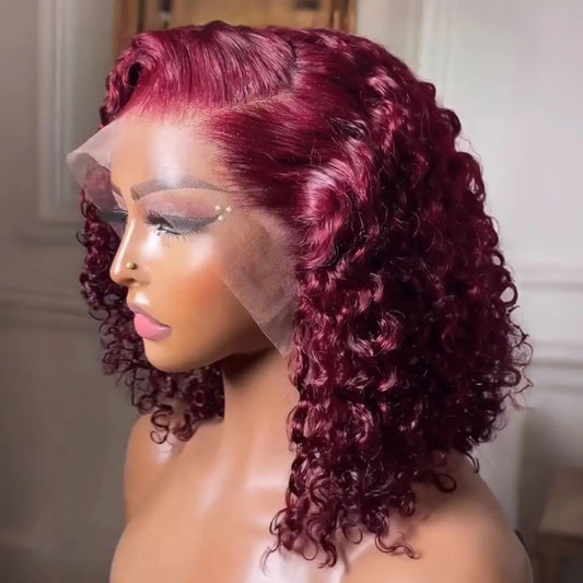 Short Bob Blunt Cut Deep Curly 99J Red Burgundy Color 13X4 HD Lace Frontal Synthetic Wigs Glueless Wig Preplucked With Baby Hair