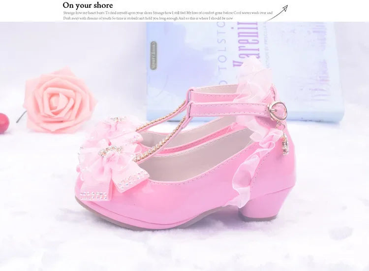 Children Party Leather Shoes Girls PU Low Heel Lace Flower Kids Wedding Shoes Girls Sandals Dance Dress Dance Shoe White Pink