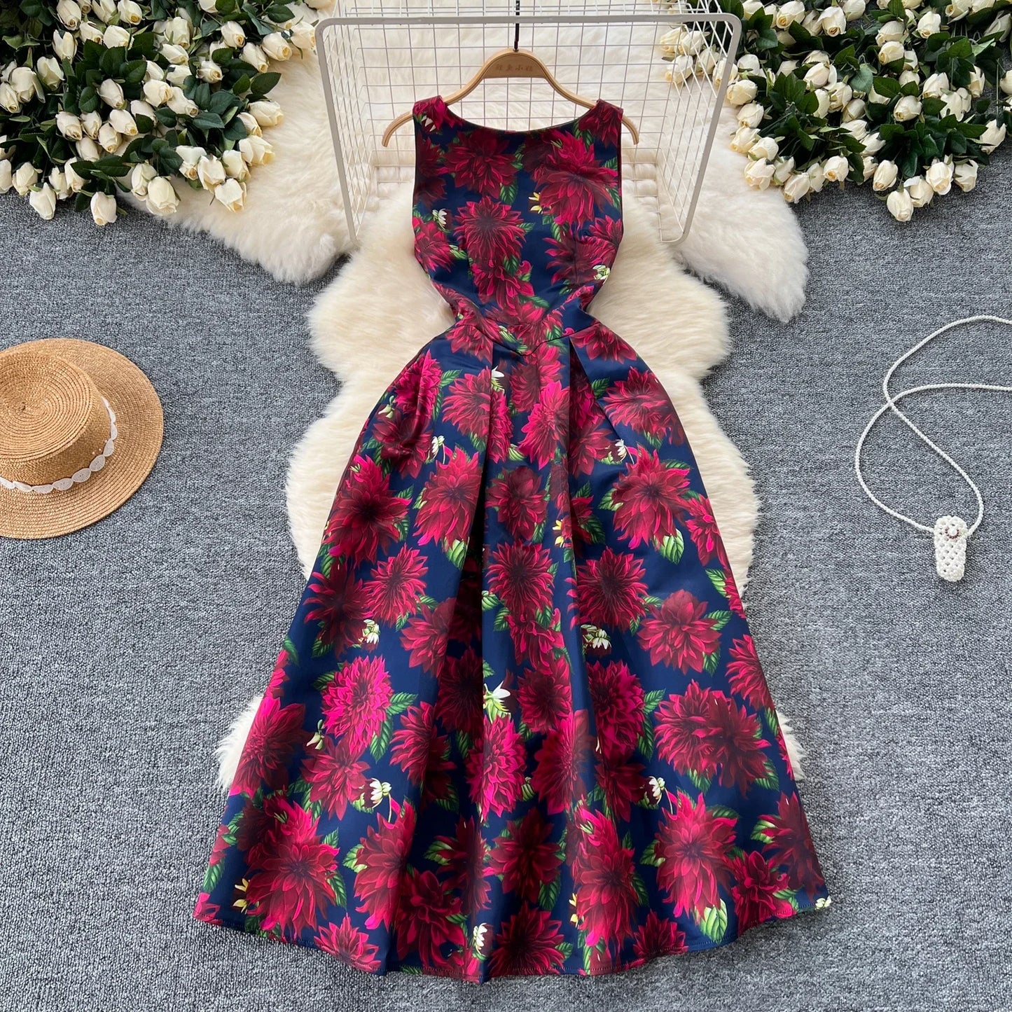 French Fashion Print O-neck Pleated Sleeveless A-line Ball Gown Dress Women Summer Vintage Elegant Puff Graduation Party Dresses