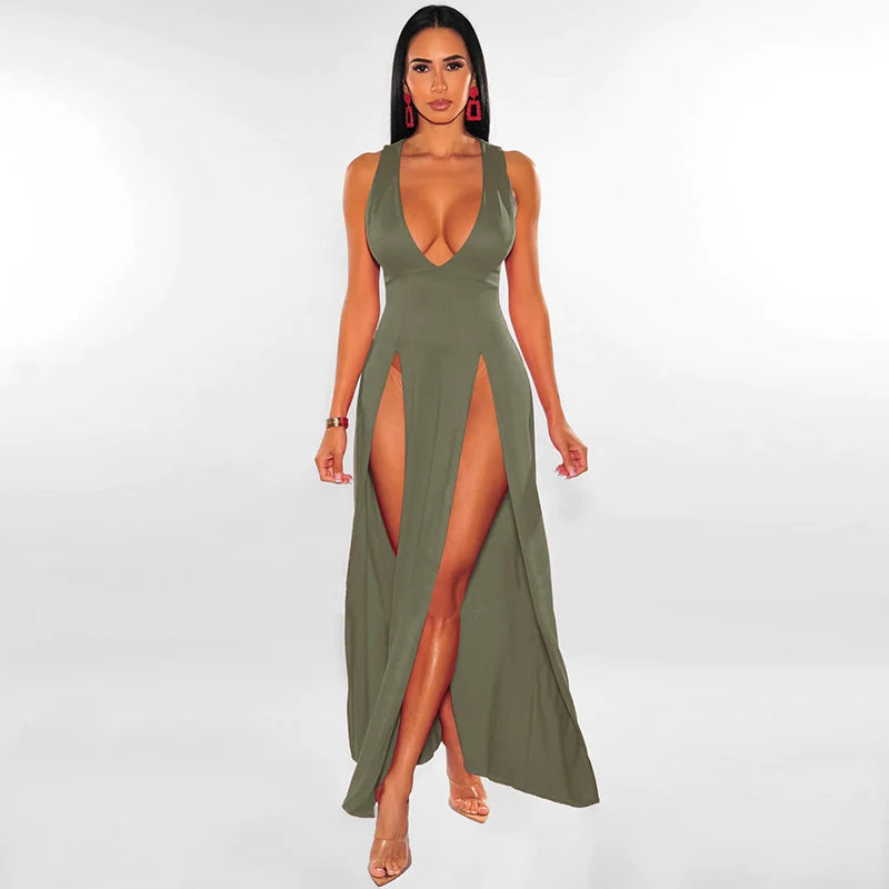 Sexy Woman Club Dress Backless Sleeveless Deep V-Neck High Waist Slit Maxi Dress Birthday Midnight Party Elegant Women Dress