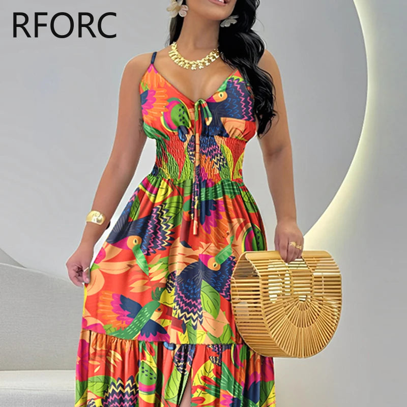 2024 Women All Over Print Spaghetti Straps Ruffle Hem Silt Maxi Casual Vacation Party Dress