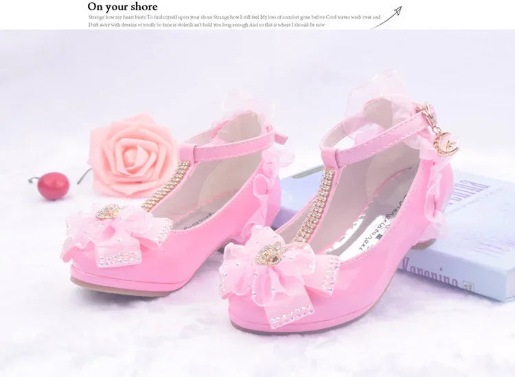 Children Party Leather Shoes Girls PU Low Heel Lace Flower Kids Wedding Shoes Girls Sandals Dance Dress Dance Shoe White Pink