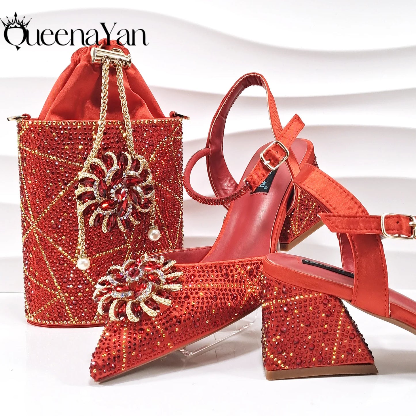 QSGFC Fashion Design High-end Women's Shoes with Diamond Oval Stand Bag Women's High Heels for Special Day or Work