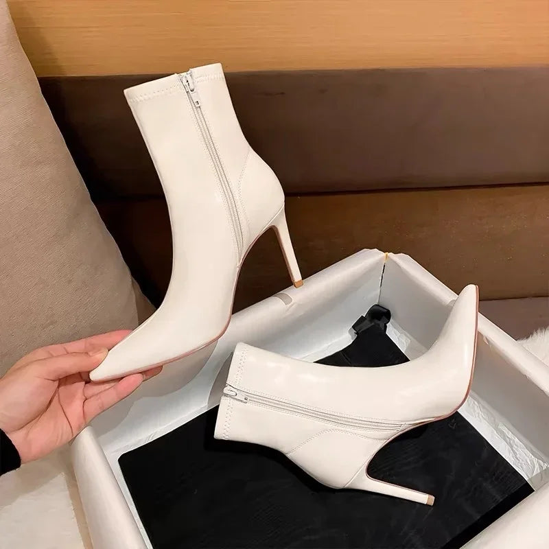 Women's Spring Ankle Boots White High Heels Pointed Toe Stiletto Heel Side Zipper Short Boots Leisure Fashion Sexy Botas Mujer