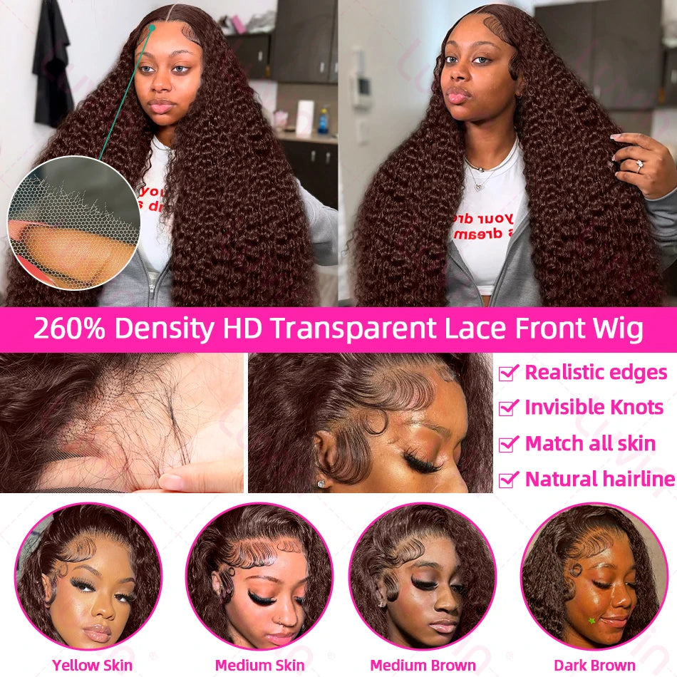 13x6 HD Chocolate Brown Curly Lace Front Wigs Brazilian Colored Deep Wave 13x4 Lace Frontal Human Hair Wig For Women