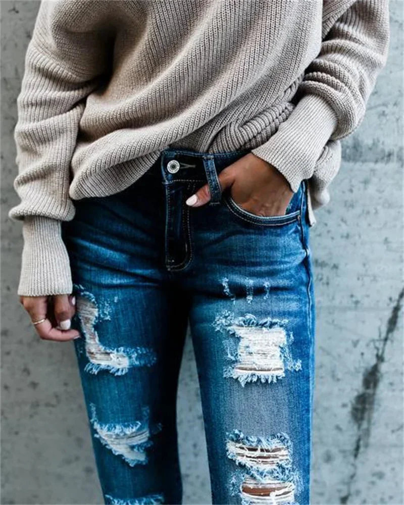 Casual Skinny Pencil Pant Women Streetwear Hole Worn Slim Jeans Pants Trendy Ripped Stretch Light Blue Denim Trousers For Female