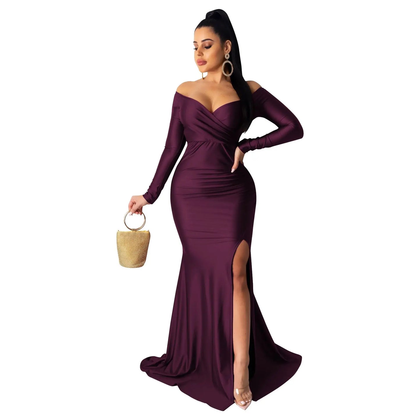 Pink Elegant Party Dresses Ladies Long Sleeve V Neck High Slit Maxi Dress High Waist Corset Metallic Bodycon Long Dress Vestidos