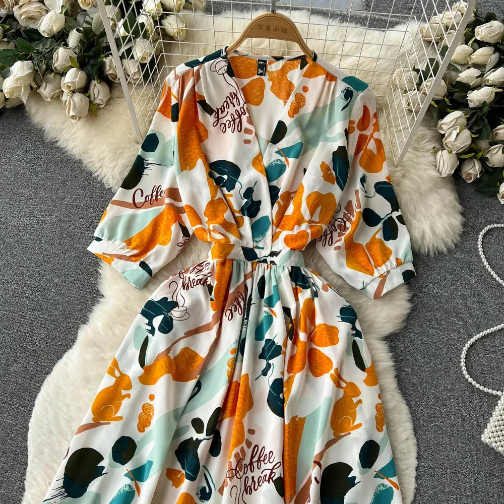 Summer Holiday Floral Beach Wrap Dress Women V Neck Short Sleeves Chic A Line Dress Bohemian Vintage Print Long Dress