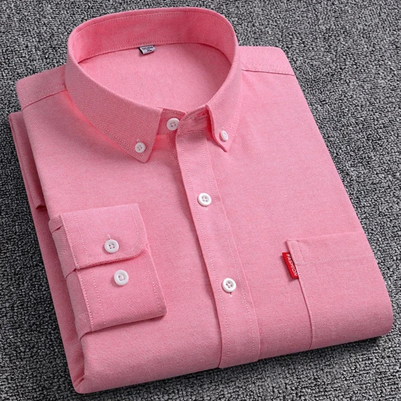 Men's Oxford Long Sleeve Shirts 100% Cotton Solid Color Turn Down Collar Regular Fit Daily Men Clothing Button-down Shirts 5XL