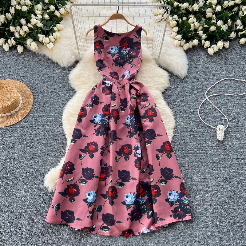 French Fashion Print O-neck Pleated Sleeveless A-line Ball Gown Dress Women Summer Vintage Elegant Puff Graduation Party Dresses