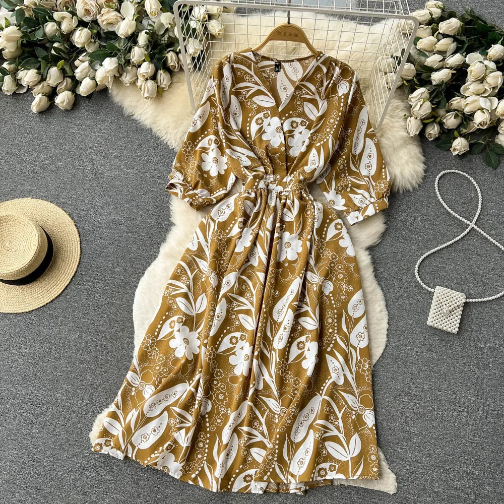 Summer Holiday Floral Beach Wrap Dress Women V Neck Short Sleeves Chic A Line Dress Bohemian Vintage Print Long Dress
