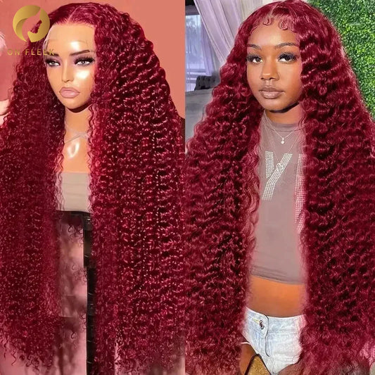 99J Burgundy Deep Wave 13x4 13x6 Hd Lace Frontal Wigs 360 Full Lace Front Wig Human Hair Curly Wigs Pre Plucked Brazilian Hair