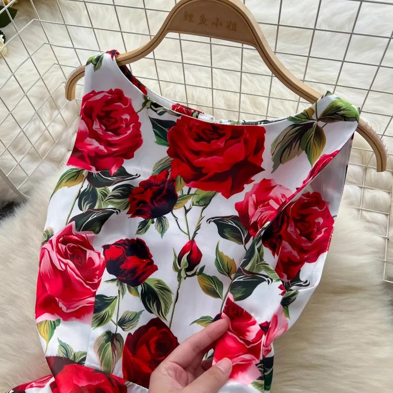 French Fashion Print O-neck Pleated Sleeveless A-line Ball Gown Dress Women Summer Vintage Elegant Puff Graduation Party Dresses