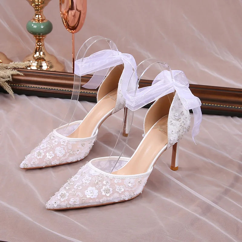 French Beaded Hollow Sandals Women's White Lace Strap Pointed High Heel Main Wedding Shoes