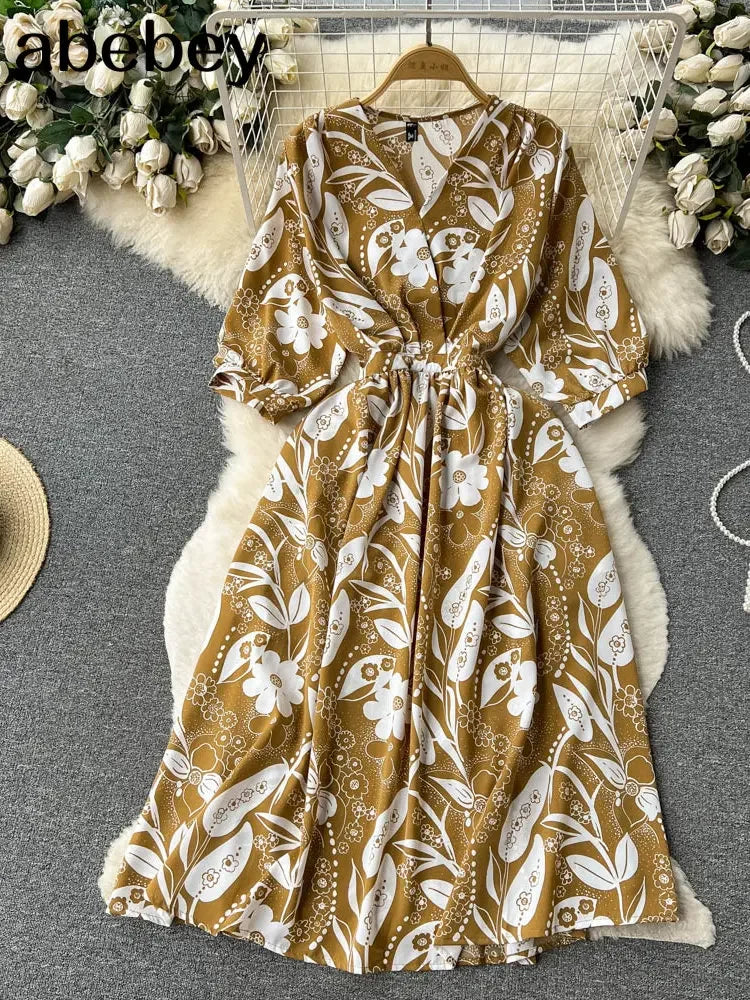 Summer Holiday Floral Beach Wrap Dress Women V Neck Short Sleeves Chic A Line Dress Bohemian Vintage Print Long Dress