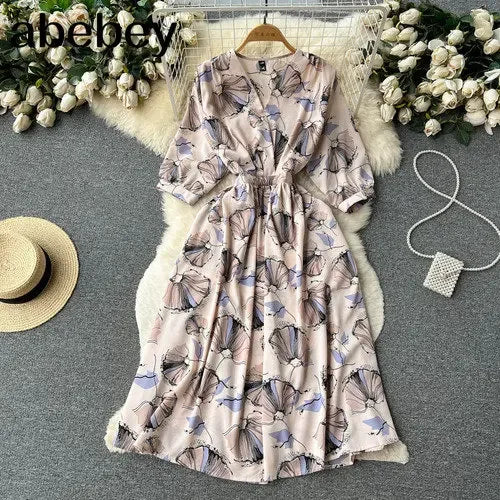 Summer Holiday Floral Beach Wrap Dress Women V Neck Short Sleeves Chic A Line Dress Bohemian Vintage Print Long Dress