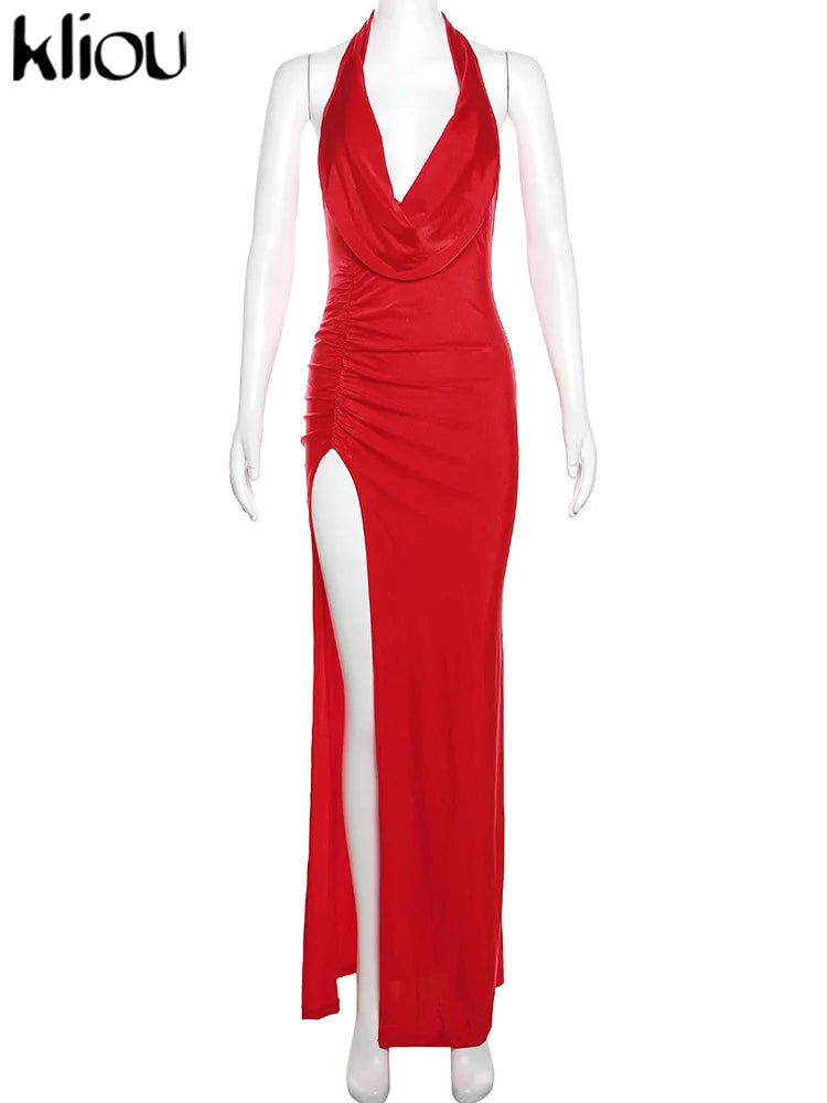 kliou Summer Women Shiny Attractive Maxi Dress Halter Backless Side Split Swing Neck Slim Robe Female High Street Party Vestidos