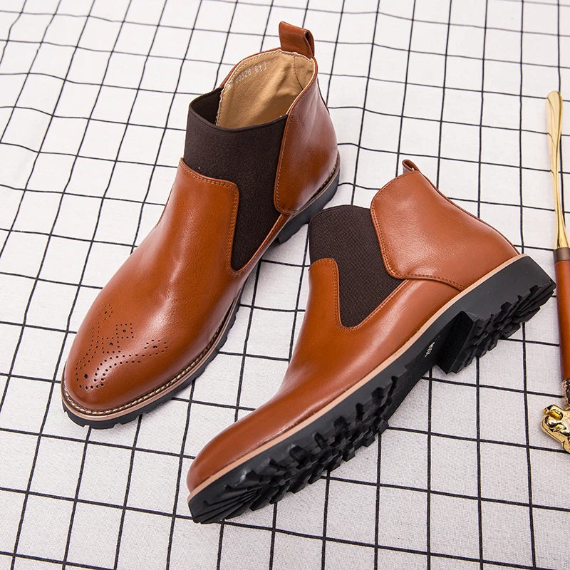 Men's Chelsea Boots Anti Slip Waterproof Ankle Spring and Autumn Brocue Fashion Microfiber Leather Shoes Large 46 Zapatos Hombre