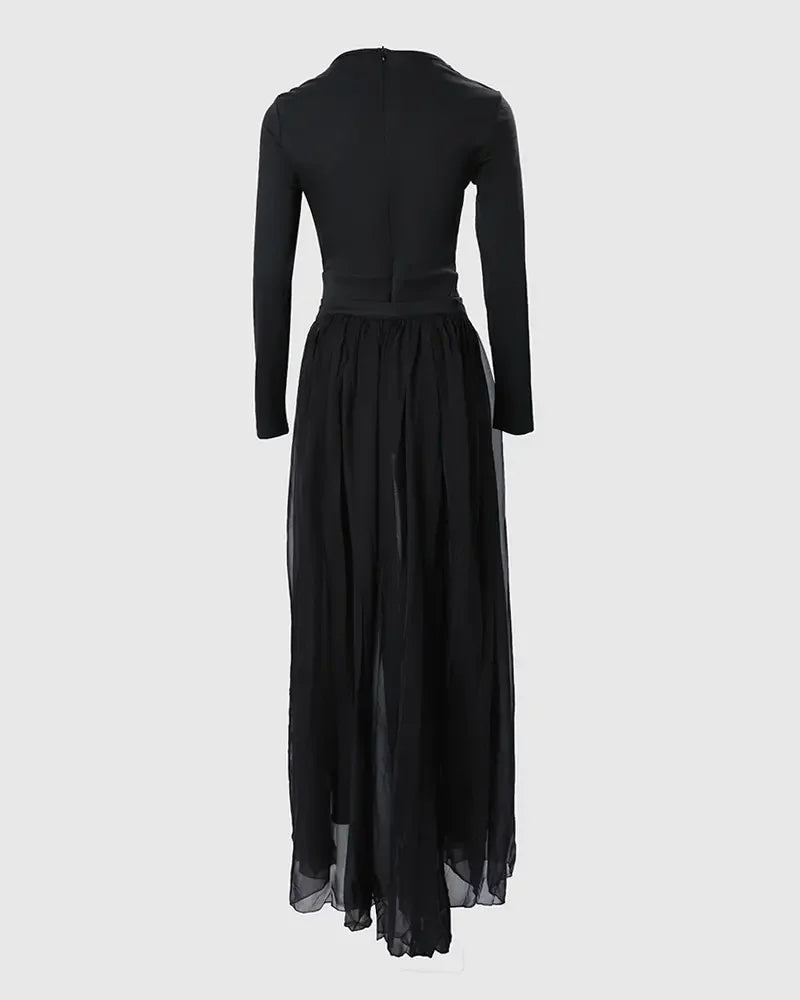 Fall Outfits Women Chain Decor Sheer Mesh Overlay Long Sleeve Tight Fitting Jumpsuit Fashion and Elegant Commuting Combinations