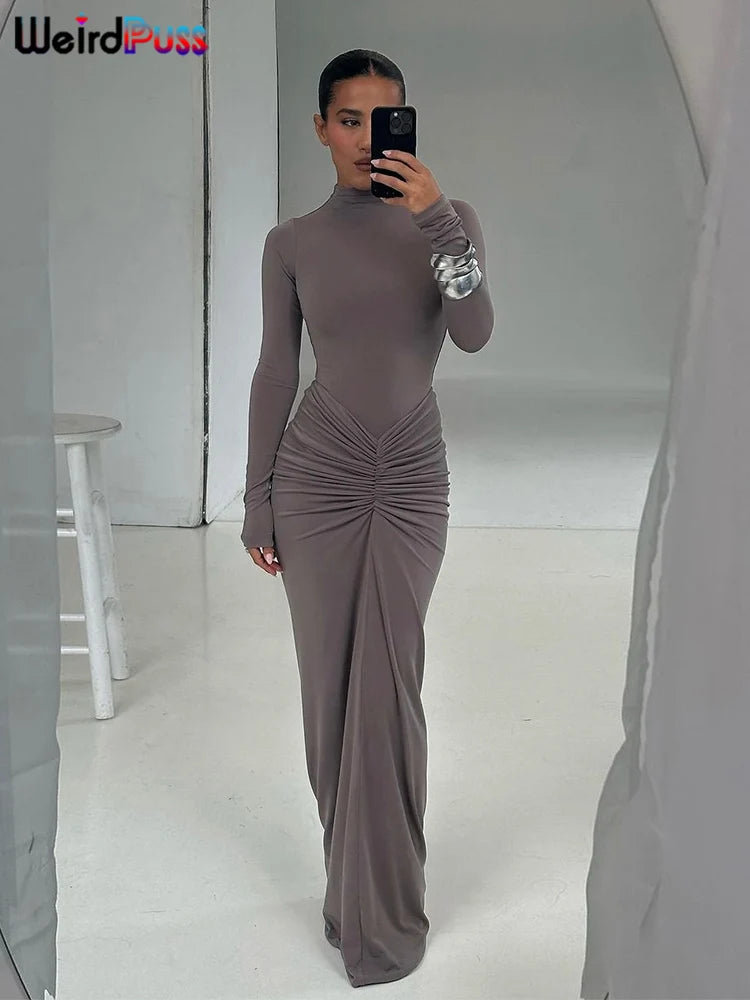Weird Puss Hipster Ruched Dress Women o-NeckFull Sleeve  Skinny Stretch Robe Autumn Trend Simple Classic Pleats Long Bodycon