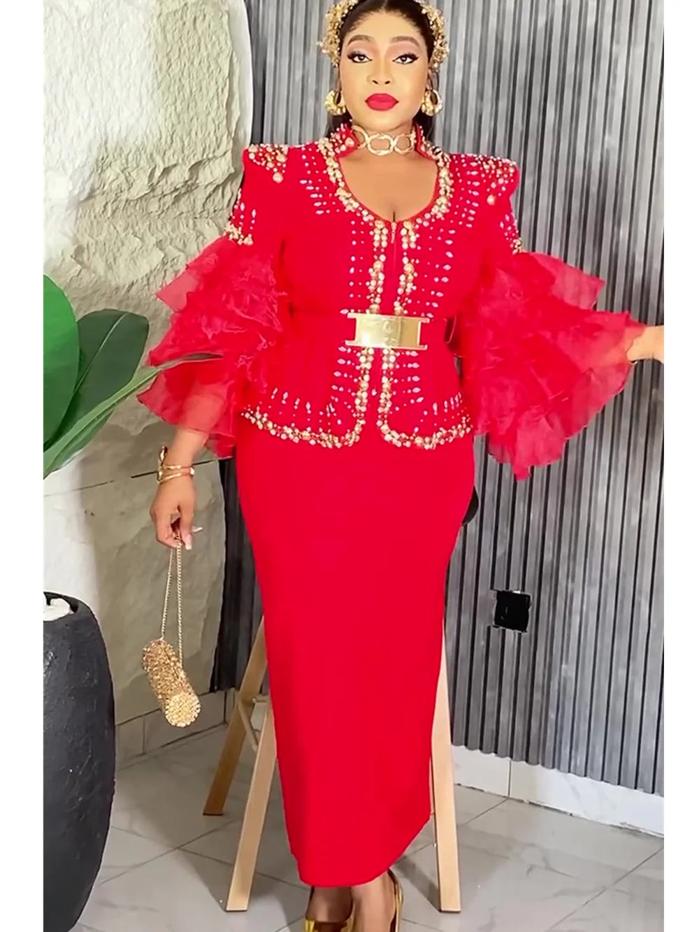 Elegant African Dresses For Women 2025 New Fashion Ruffle Sleeve Wedding Party Long Dress Plus Size Evening Gown Ladies Clothing