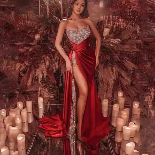 2024 Women's Sexy Off-The-Shoulder Strapless Long Dress Shiny Side Slit Evening Dress European And American Style