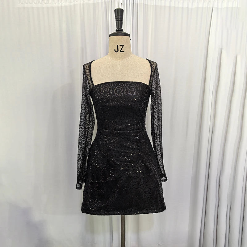 NIDANSSI Mesh Sequined Glitter Evening Party Dress Women Backless Robes Elegant Sexy Dress Bodycon Mini Spring Dress Vestidos