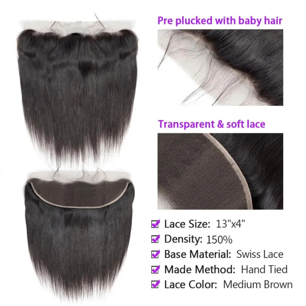 Straight Hair Bundles With Closures Brazilian Remy Human Hair Bundles and Closure 13x4 Lace Frontal Natural Black #1B For Women