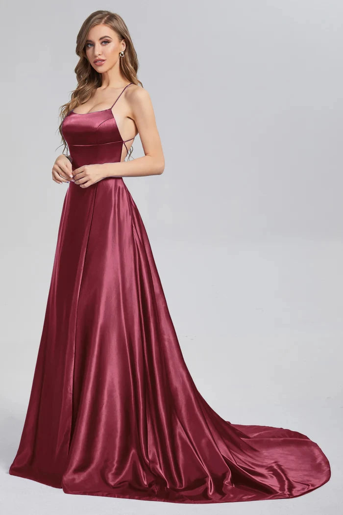 BABYONLINE Prom Dress Satin A-line Gown with Strappy Lace Up Back and High Skirt Slit Floor Length Wedding Bridesmaid Dresses