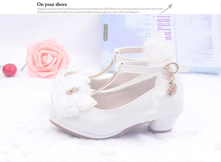 Children Party Leather Shoes Girls PU Low Heel Lace Flower Kids Wedding Shoes Girls Sandals Dance Dress Dance Shoe White Pink
