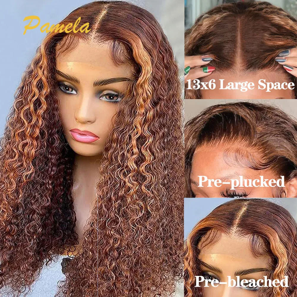 Curly 13x6 Transparent Lace Frontal Human Hair Glueless Wig Pre plucked Ready To Go Honey Blonde Pick And Chocolate Colored Wigs