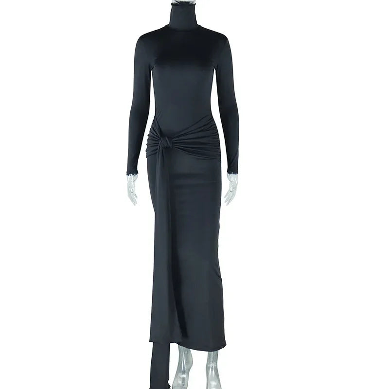 CM.YAYA Women Full Sleeve Turtleneck Ribbon Ruched Long Maxi Dress 2025 Spring Sexy Street Slim Evening Night Club Party Dresses