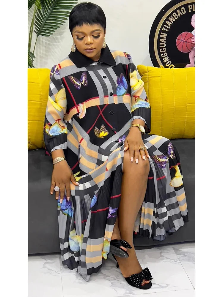 ANLAN Miyake Pleated Dress Women's Fashion Printed Lapel Single-breasted Elegant Cardigan Dresses 2025 Spring New Style 9AN0518