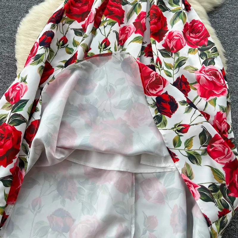 French Fashion Print O-neck Pleated Sleeveless A-line Ball Gown Dress Women Summer Vintage Elegant Puff Graduation Party Dresses